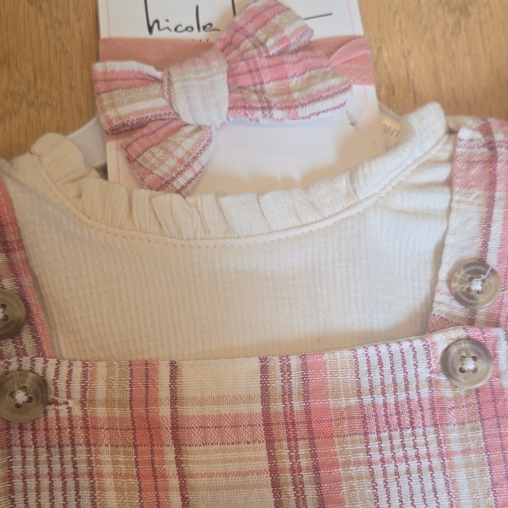 Nicole Miller NWT 24 Month Pink Plaid Overall Dress with White Top - Picture 8 of 9